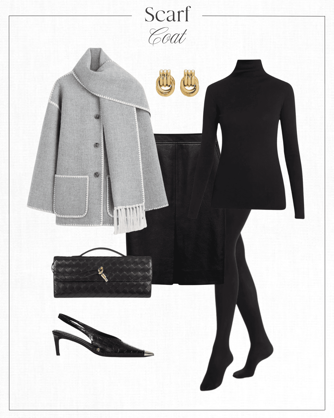 Styling the Toteme scarf coat with a black turtleneck, leather skirt and tights.