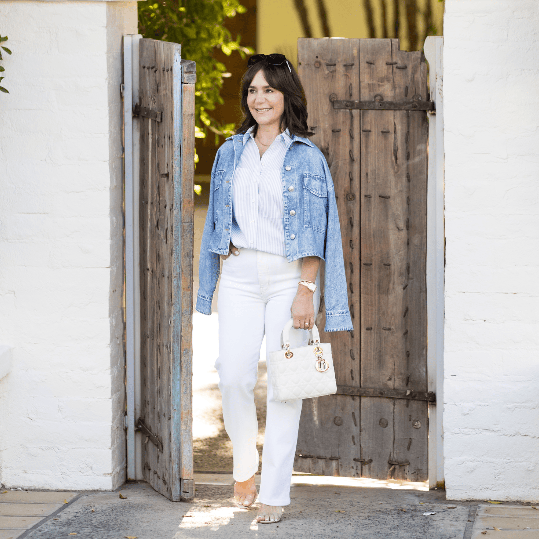 wearing my favorite white denim with a sweatshirt jean jacket, spring denim styles