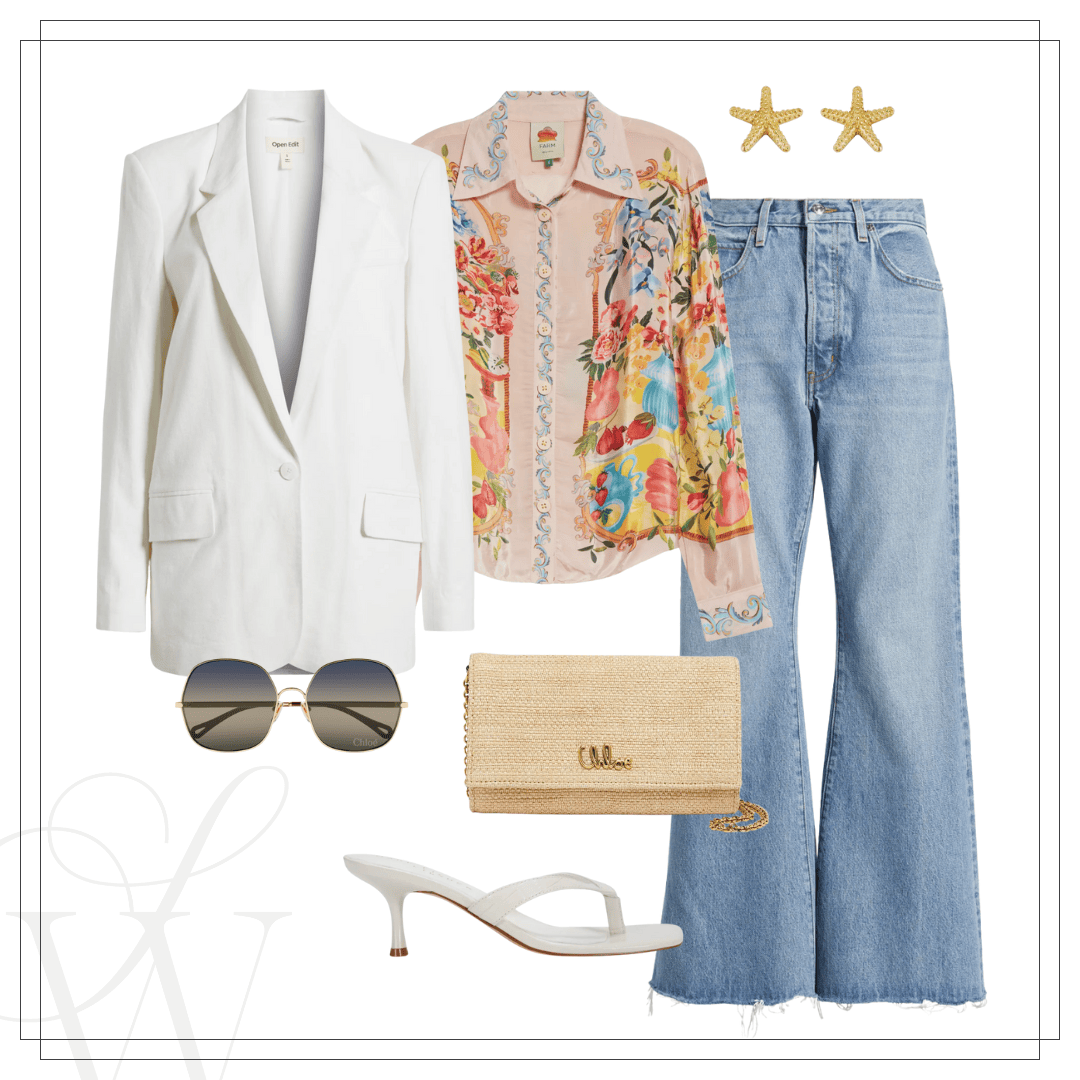 Summer outfit idea with linen blazer, stylish top, and wide leg jeans