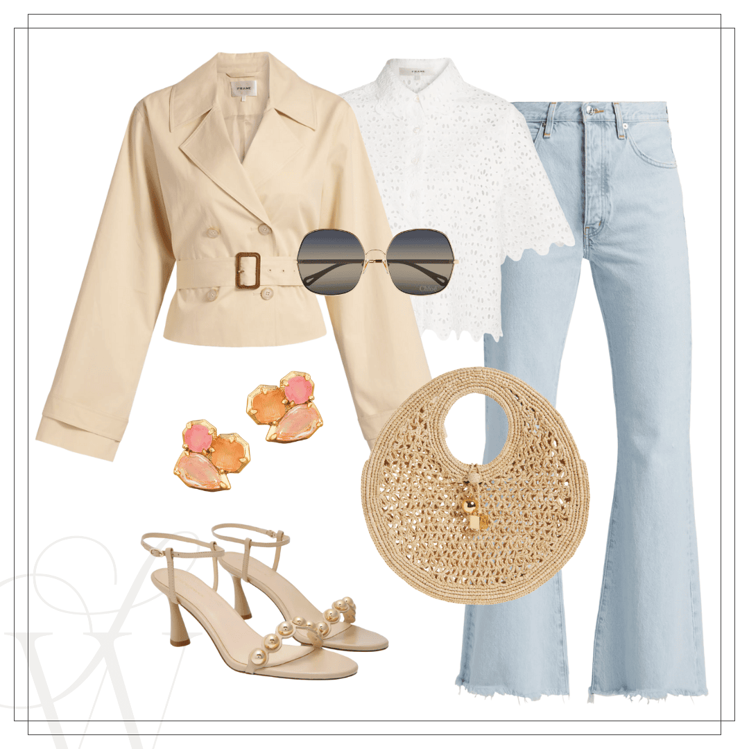 Cute summer outfit idea with cropped trench, white eyelet top and wide leg jeans with a raffia bag and neutral sandals.