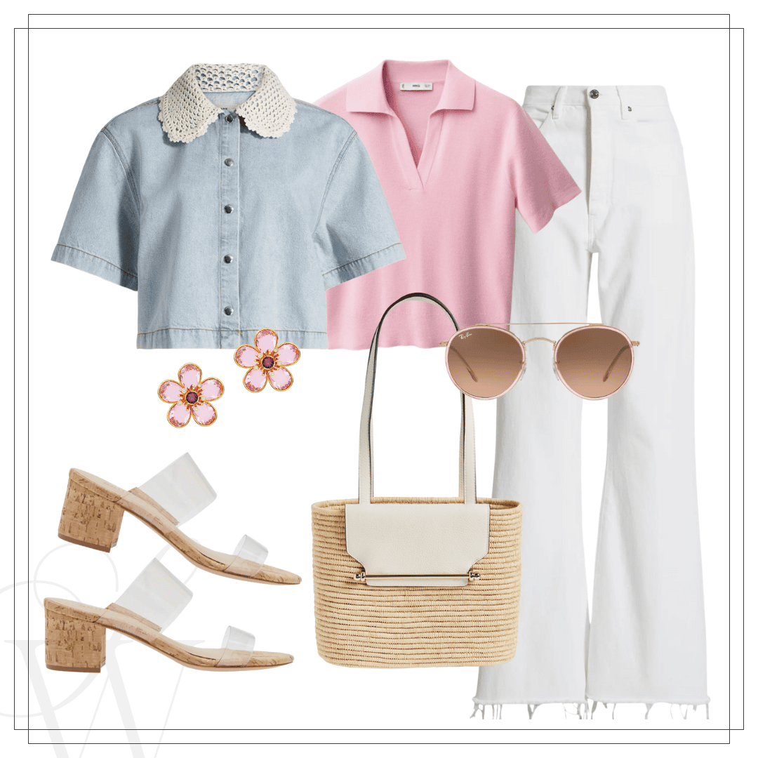 Cute summer date night outfit idea featuring 2 tops to pair back to white wide leg jeans, raffia bag and neutral sandals.