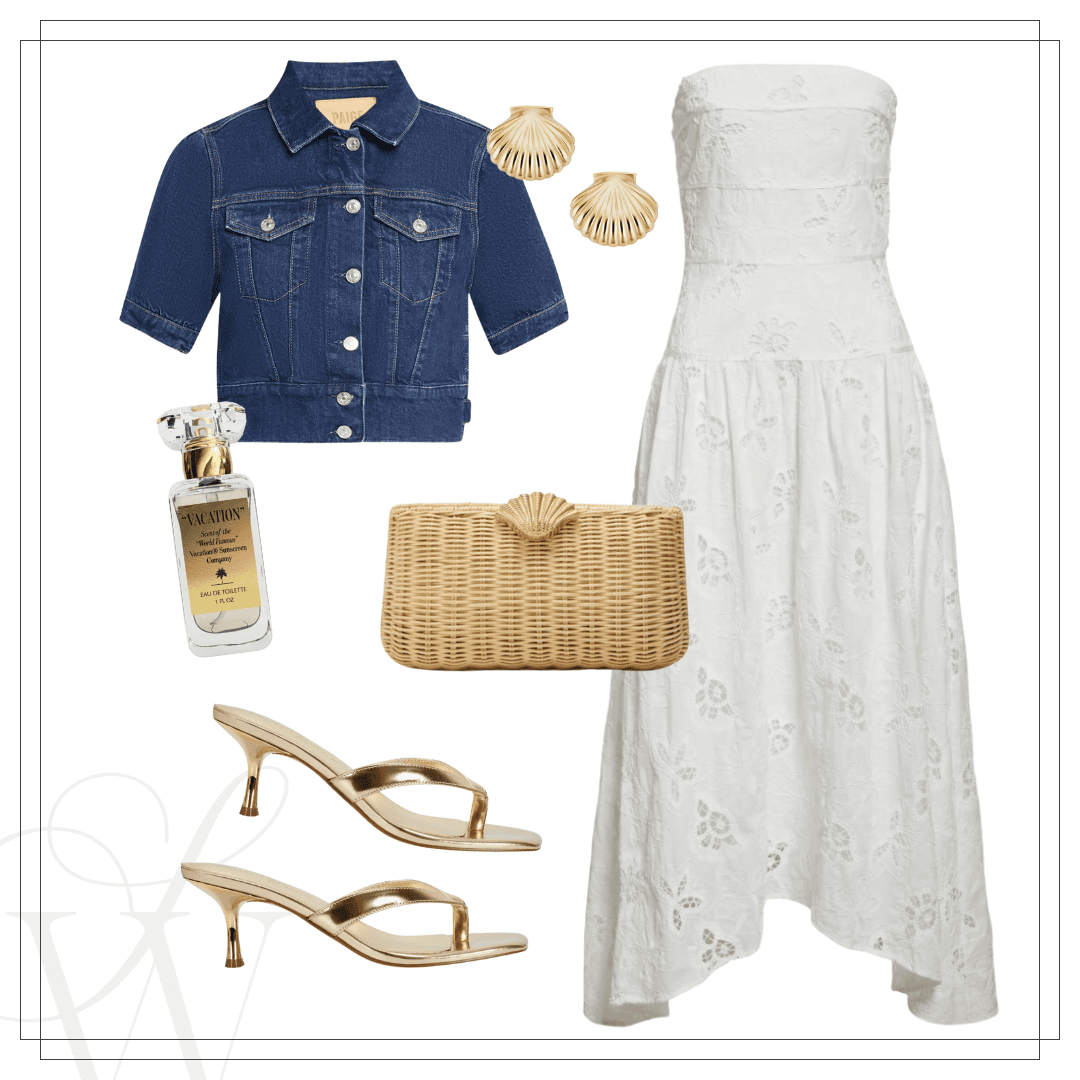 Cute summer outfit featuring a cropped denim jacket and white strapless dress!