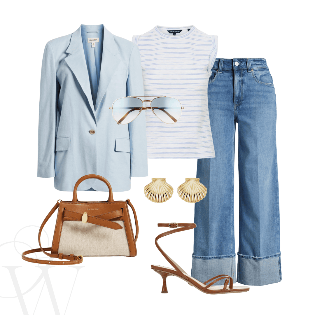 Summer date night outfit idea with a linen blazer, tank, cuffed denim and sandals.