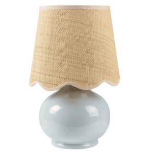 Small pale blue lamp with woven natural lamp shade