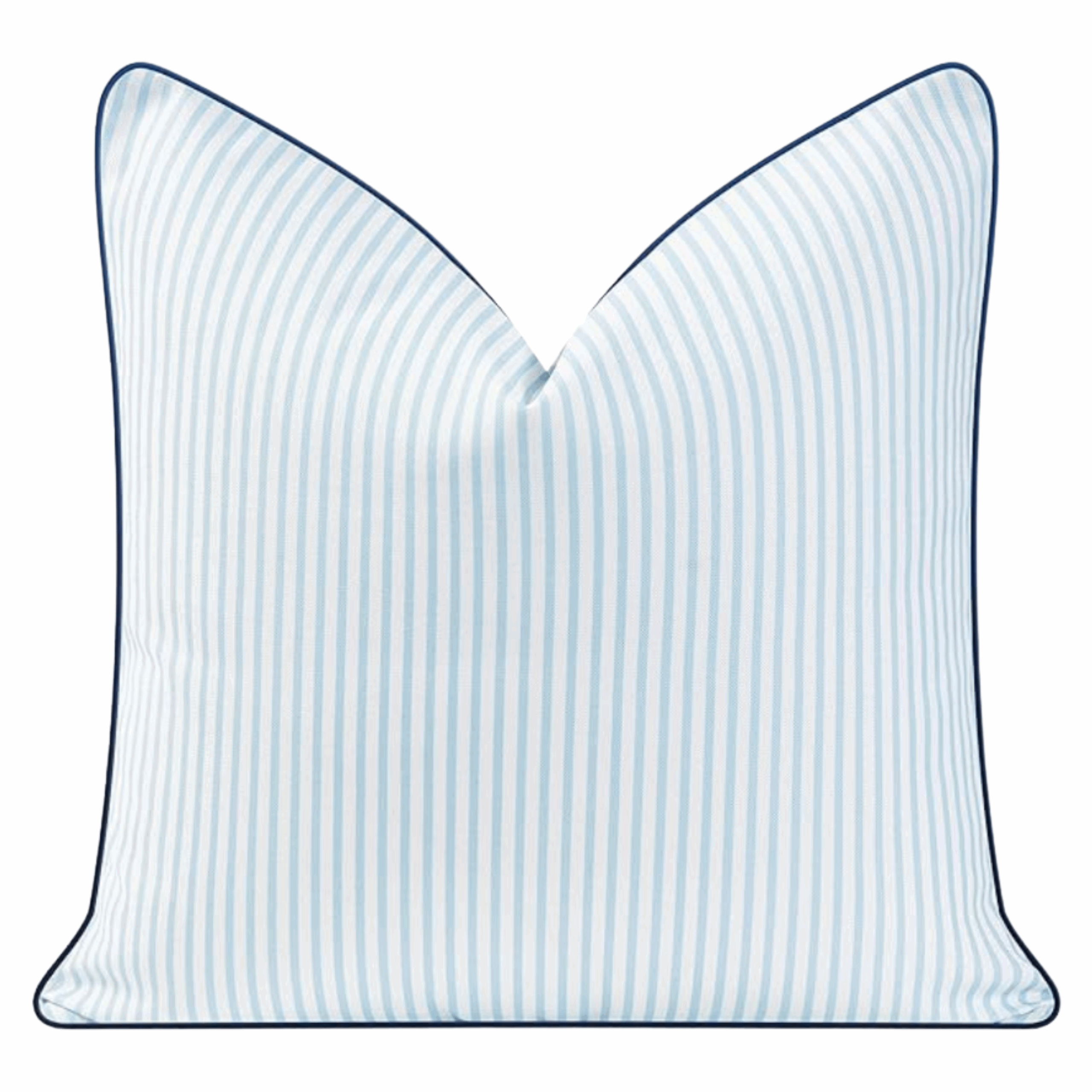 Blue and white striped pillow with blue piping