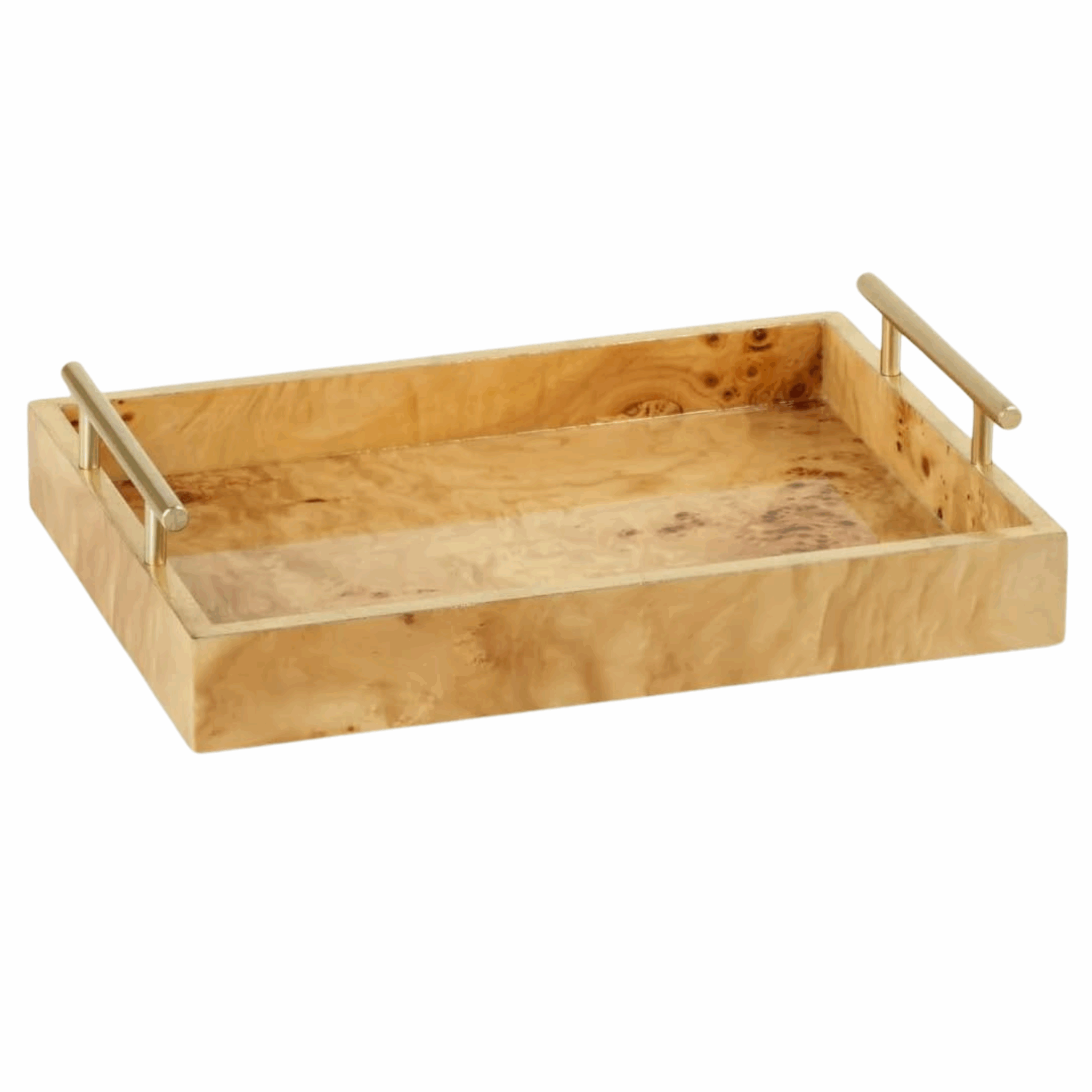 Burl wood tray with gold handles