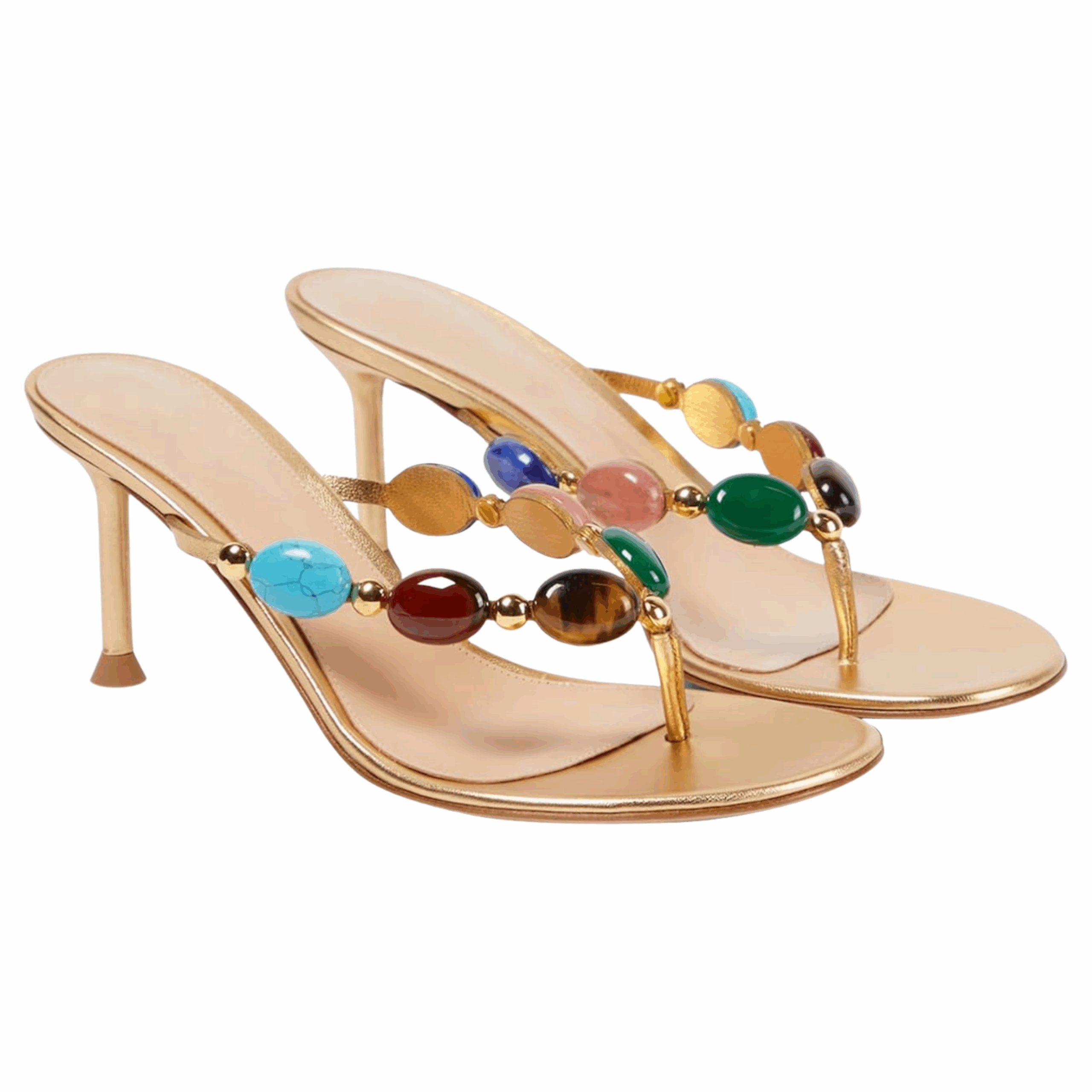 Gold heeled sandal with multicolor gemstone strap