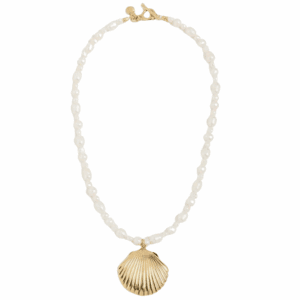 Mayamar gold seashell necklace with pearl string