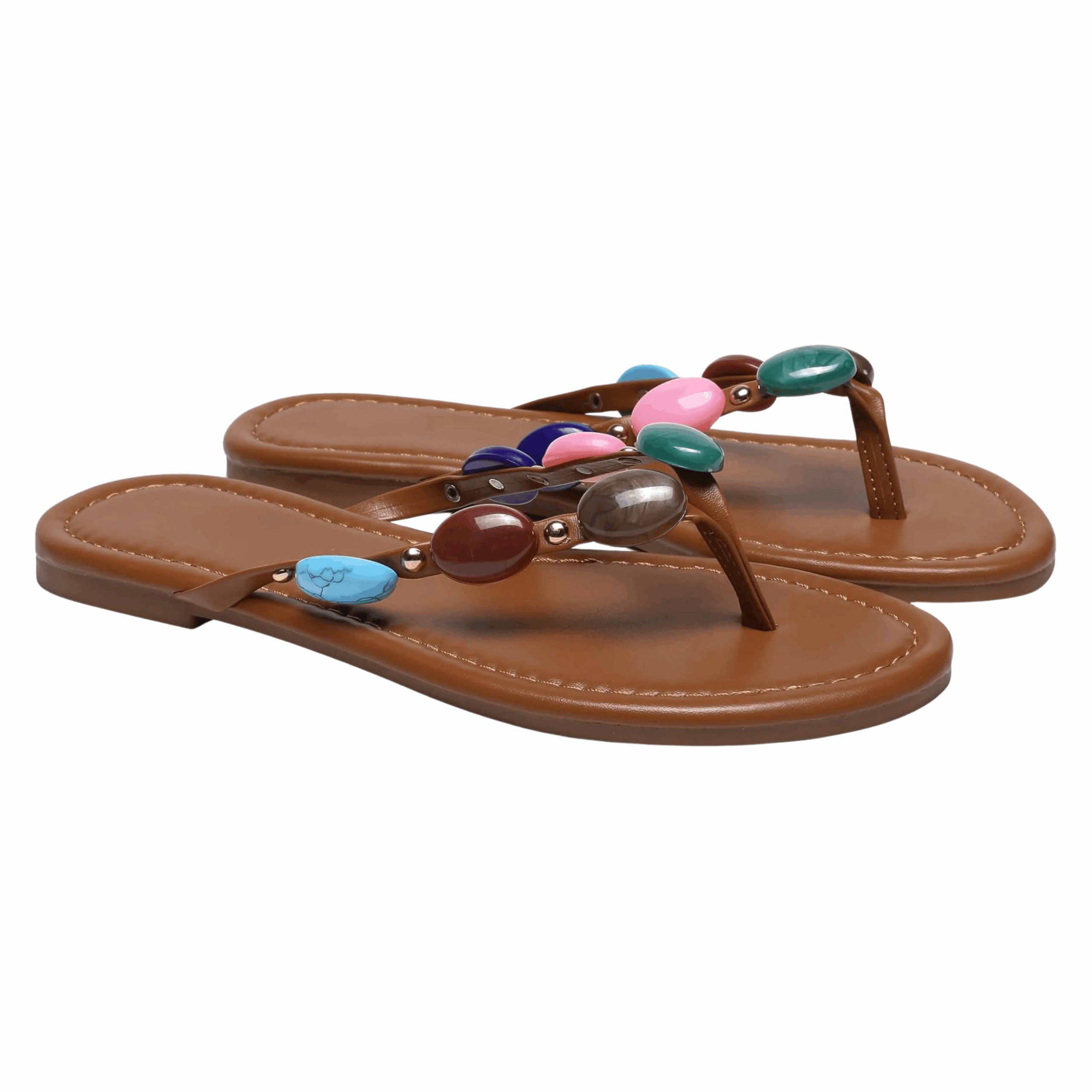 Brown leather flip flop with multicolored embellished beading