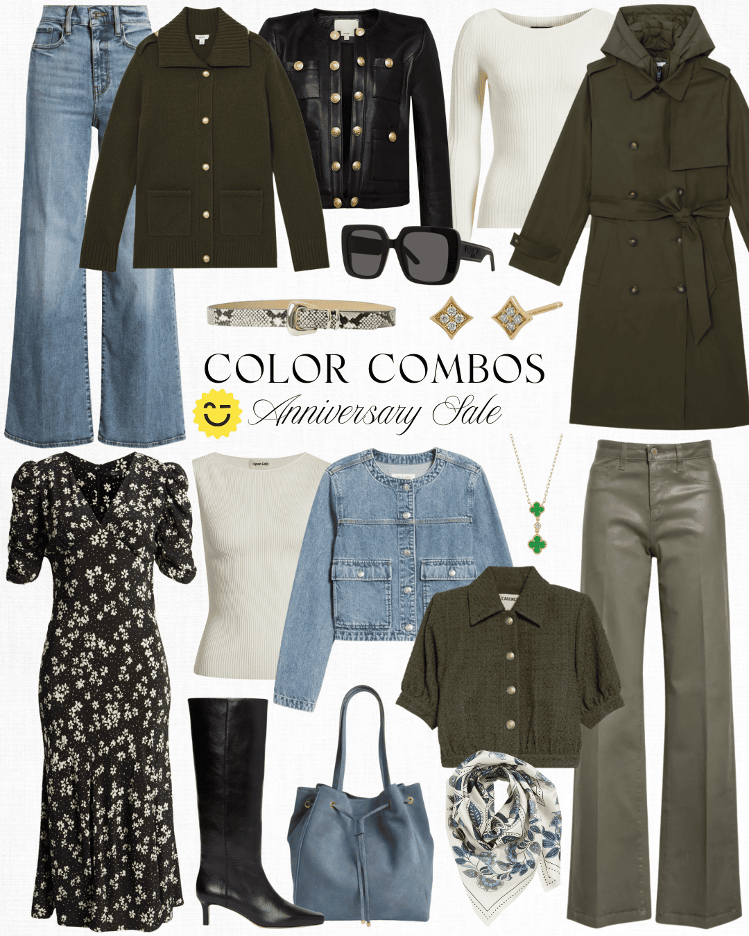 Nordstrom Anniversary sale color combos olive blue and black leather jacket denim jacket black fall boots sunglasses snake print belt