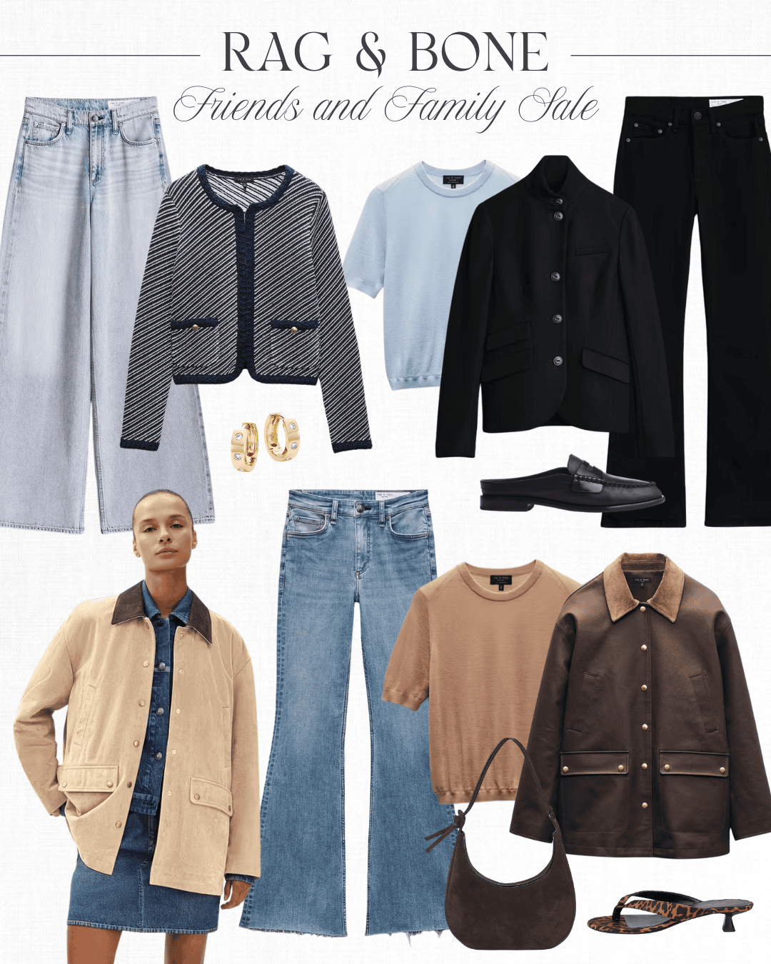 Rag and Bone clothing chart with cardigans, coats, handbags, wide leg jeans, and slides.