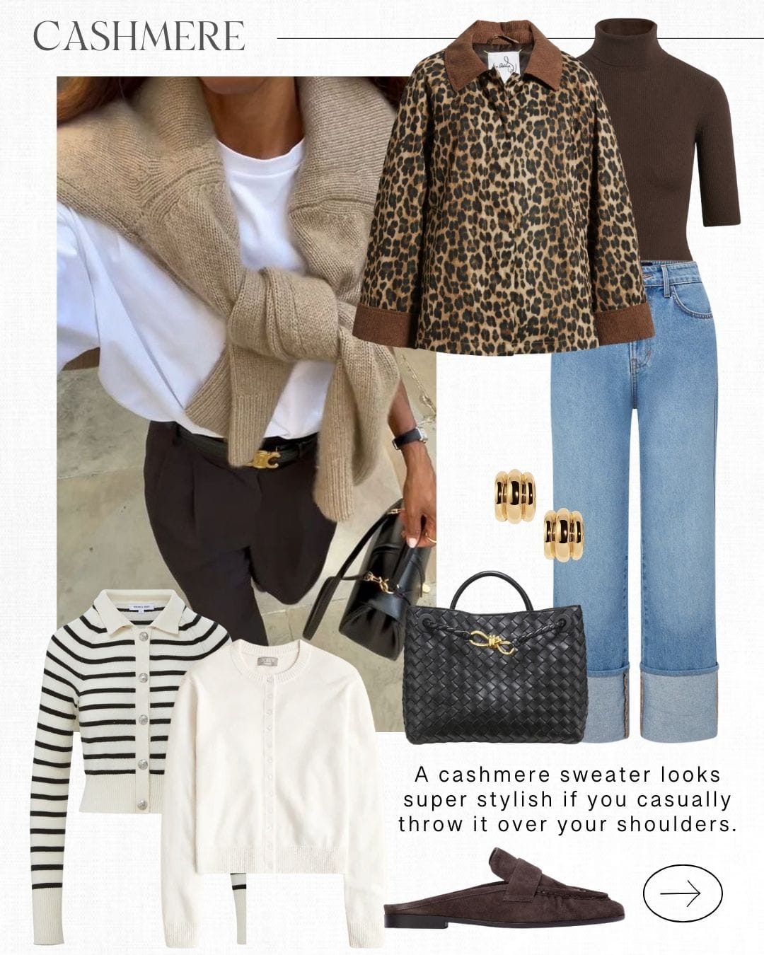 Clothing chart with leopard coat, cardigans, cashmere sweaters, black leather woven bag, gold jewelry.