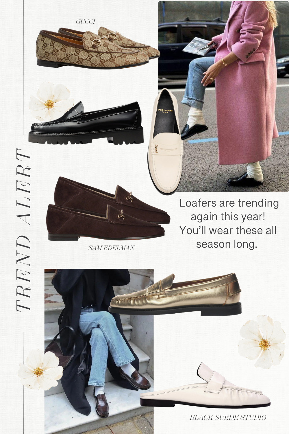 Shoe chart featuring leather loafers, including Sam Edelman loafers, Gucci loafers, and Black Suede Studio loafers.