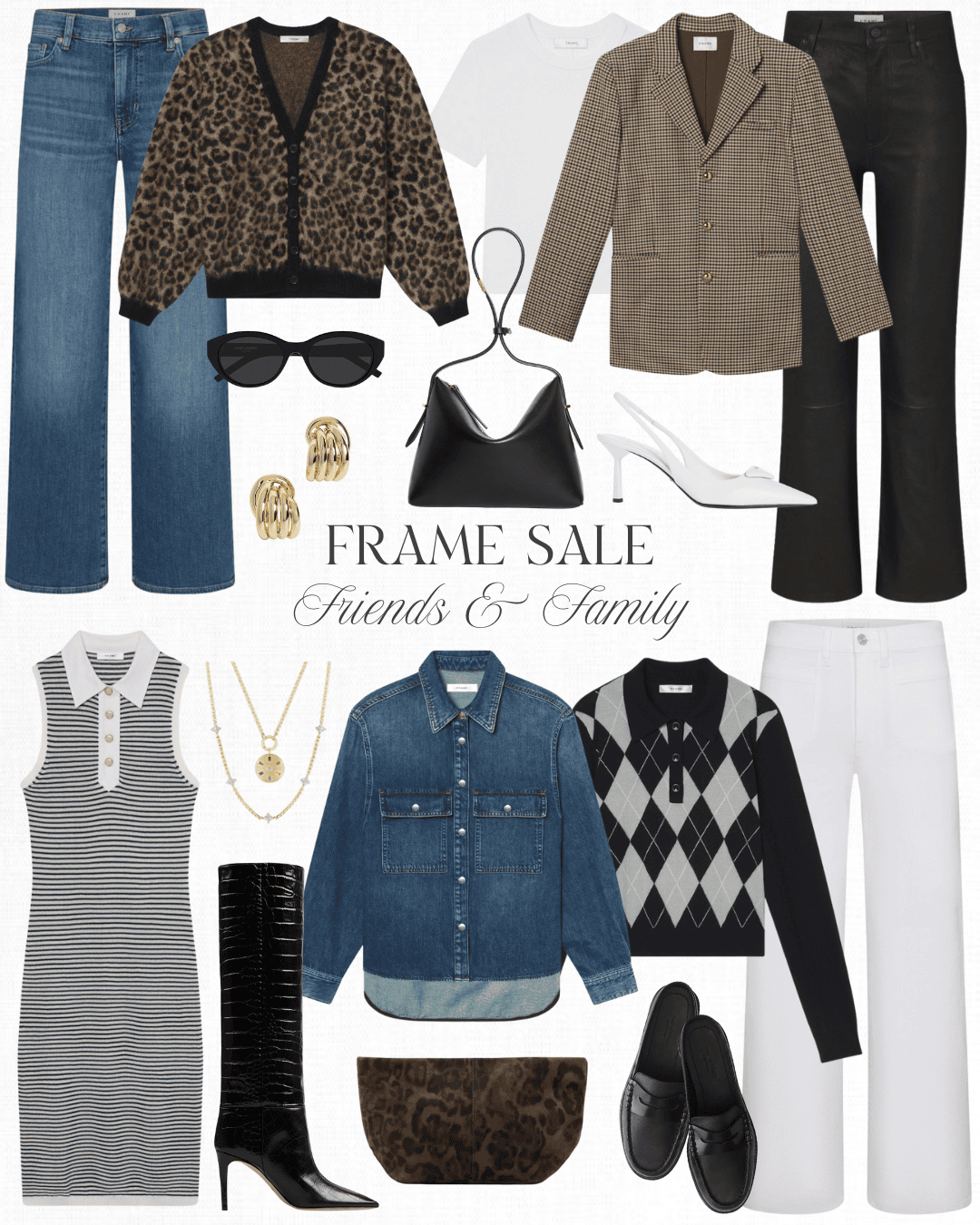 Frame Friends & Family sale featuring denim, cardigans, skirts, shoes, and jewelry.