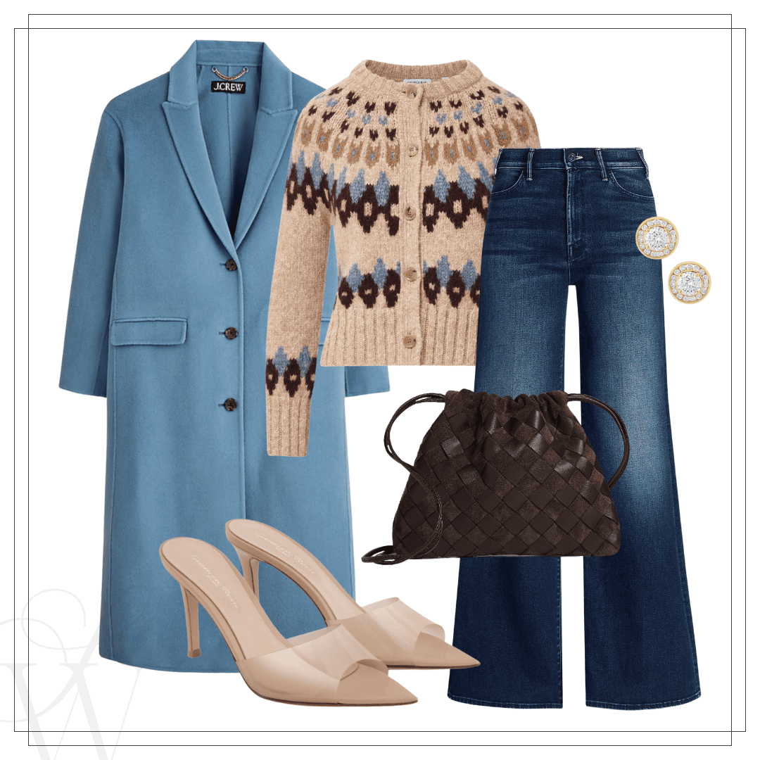 Outfit inspo with dark wash wide leg jeans, nude heels, a blue wool J. Crew coat, black woven bag, and a neutral pattern knit sweater.