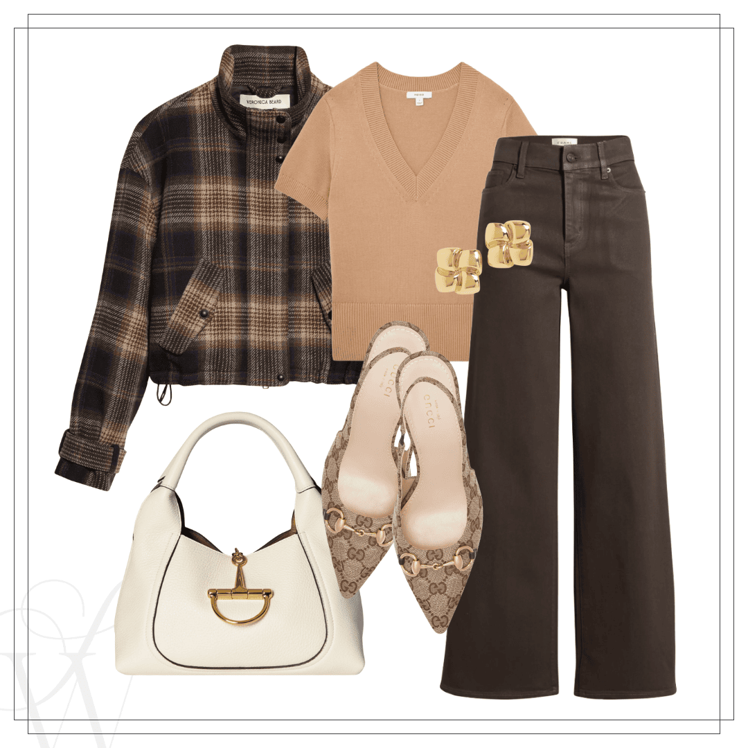Outfit inspo with brown plaid coat, camel v neck sweater, white leather bag, gucci heels, black wide leg jeans.