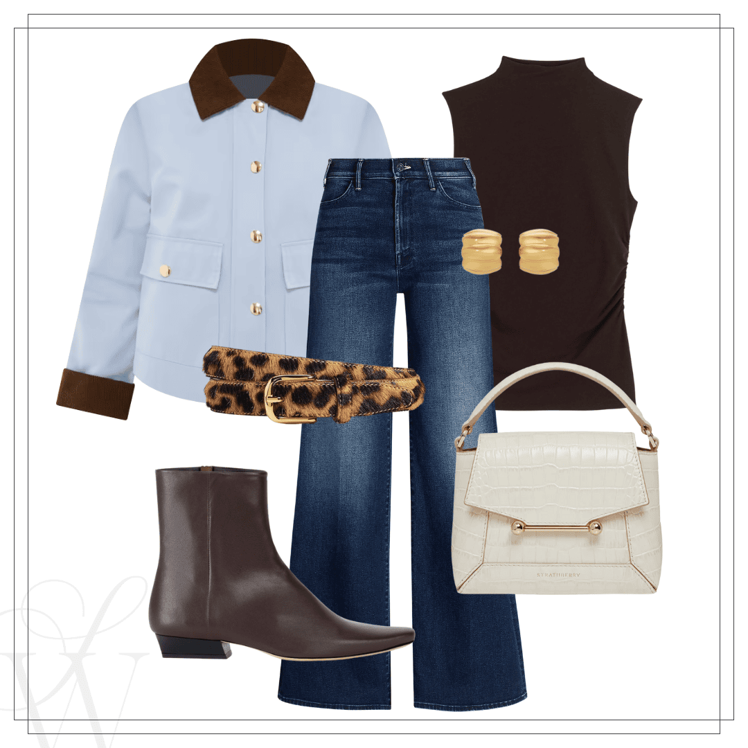 Outfit with powder blue coat, dark wash wide leg jeans, brown booties, black turtleneck, leopard belt, and white alligator handbag.
