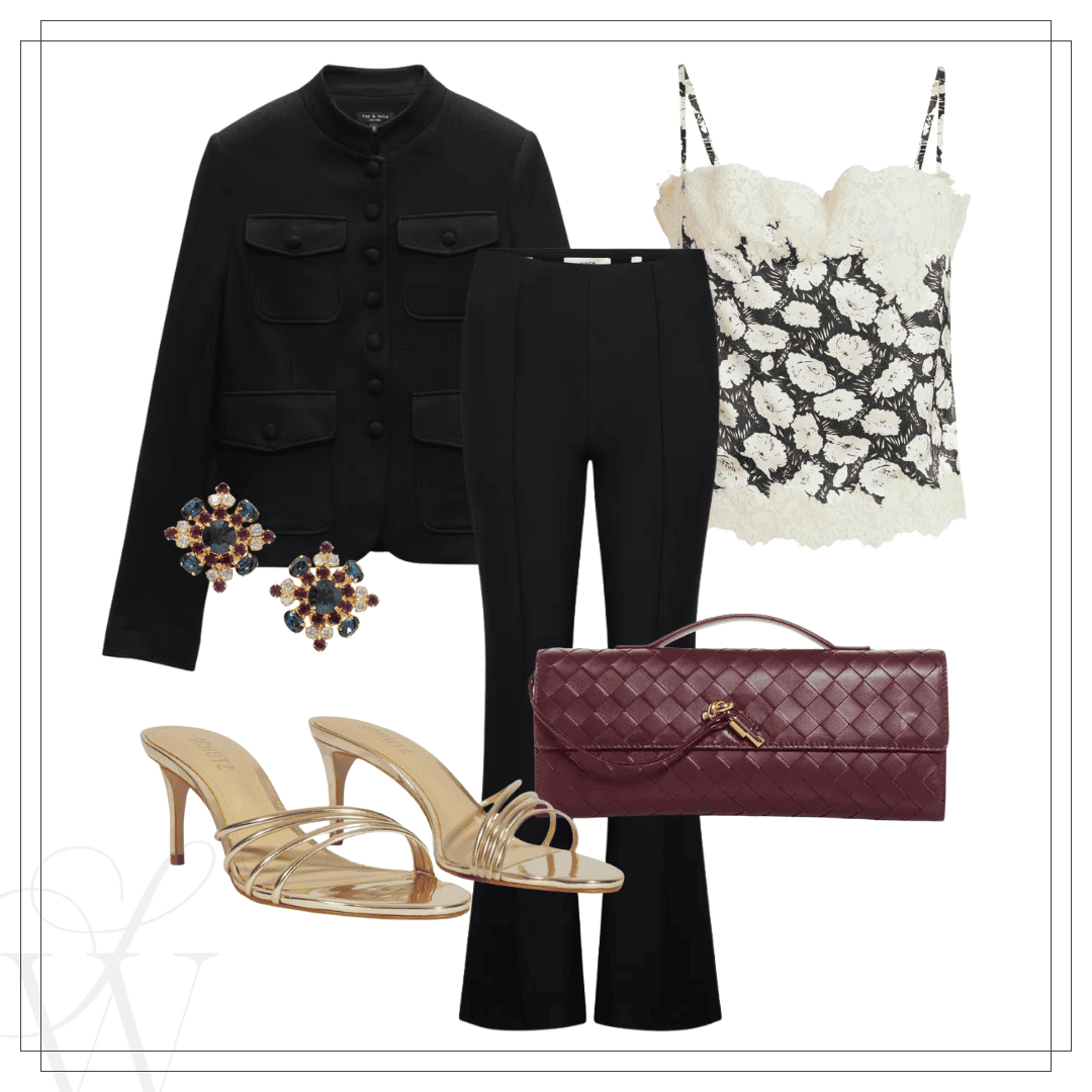Outfit inspo with black coat, black jeans, floral lace cami, ox blood leather clutch, and gold strappy heels.