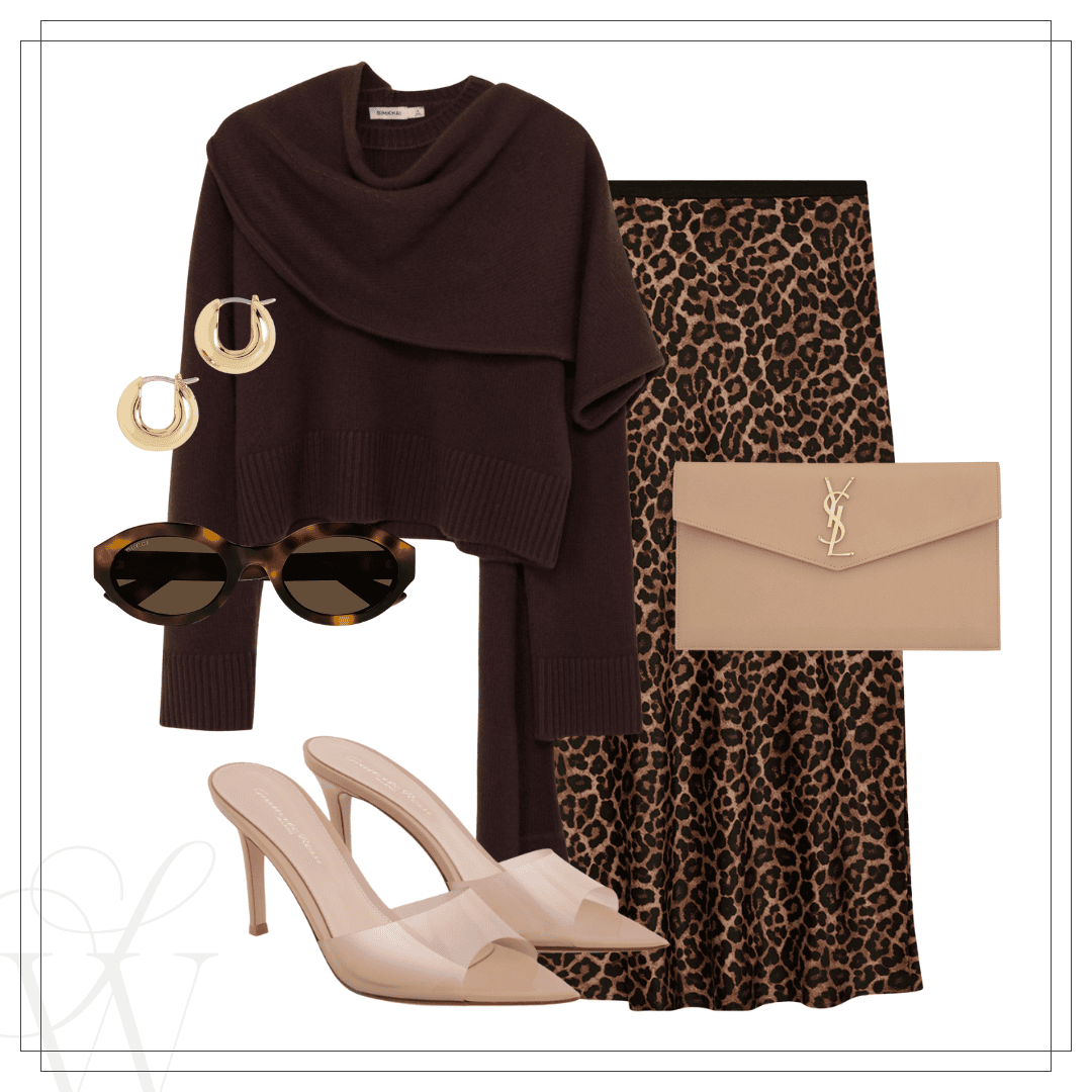 Outfit with brown shawl sweater, nude heels, leopard maxi skirt, YSL camel clutch.